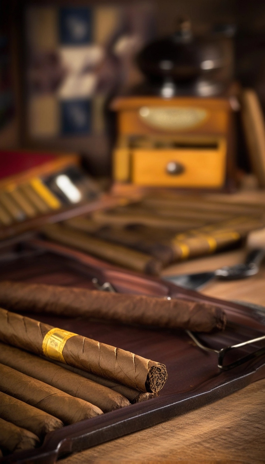 High-quality cigars on a wooden tray in a cozy Tulsa cigar shop, with a grinder and tools in the background.