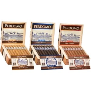 Three open boxes of Perdomo cigars (light, dark, and medium wrappers) displayed for sale at Cigar Shop Tulsa.