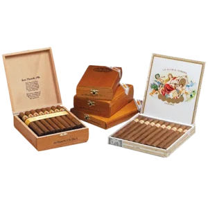 Display of multiple open wooden boxes of best-value cigars on budget available at Cigar Store Tulsa.