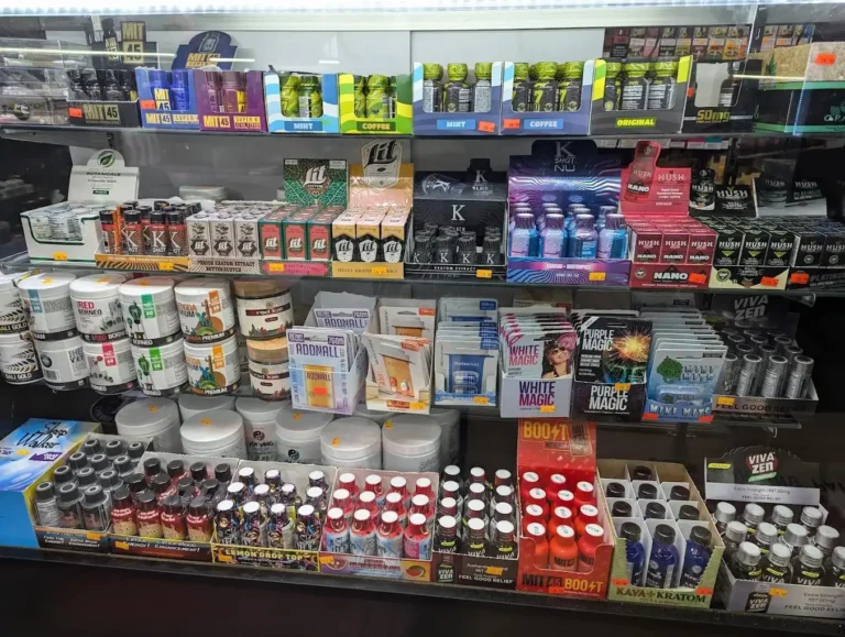 Wide selection of kratom products on shelves at a reputable kratom shop Tulsa Oklahoma retail location.
