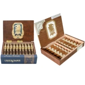 Display of open Undercrown and Drew Estate cigar boxes showcasing fine tobacco selections in a premier Cigar Shop Tulsa.