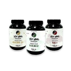 Yin Yang White, Green, and Red kratom powder jars sold at the leading kratom shop Tulsa Oklahoma location.