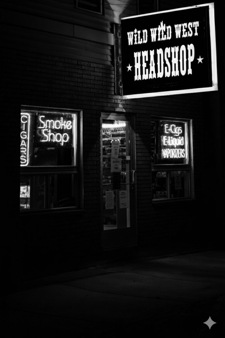 Black and white photo of "Wild Wild West Head Shop Tulsa" exterior with neon "Smoke Shop" and "E-Liquid" signs.
