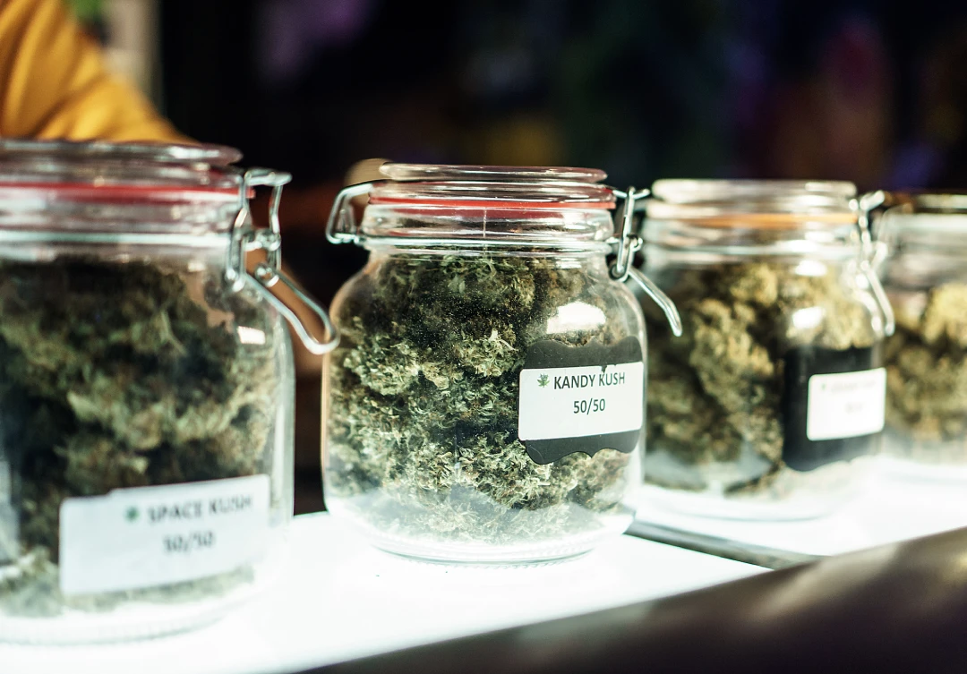 Clear glass jars of labeled cannabis flower strains like Kandy Kush displayed for sale at a local Tobacco Shop Tulsa.