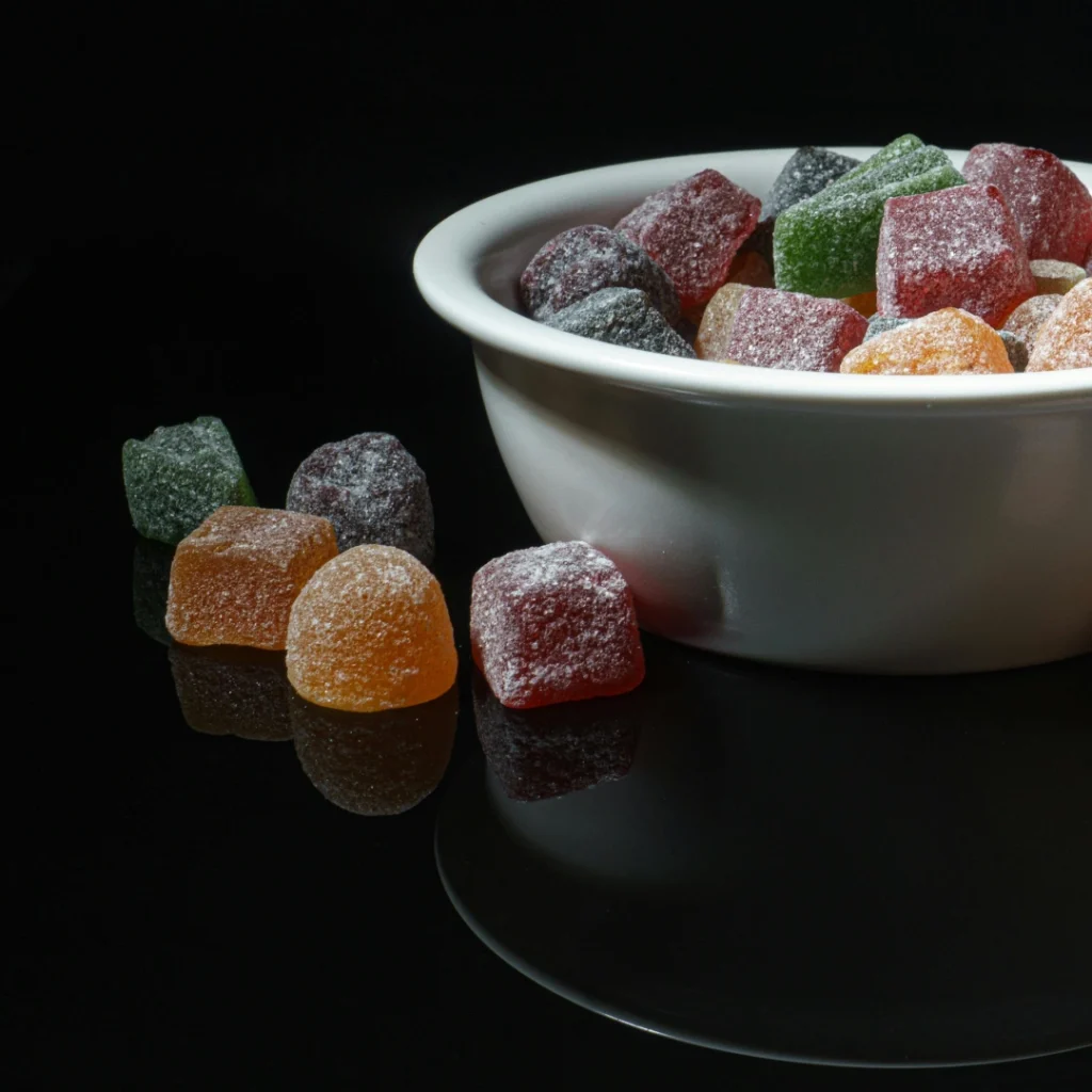Vibrant assortment of sugar-dusted fruit gummies in a white bowl against a dark background, evoking the diverse fruity flavors available in e-cigarettes Tulsa vaping products.