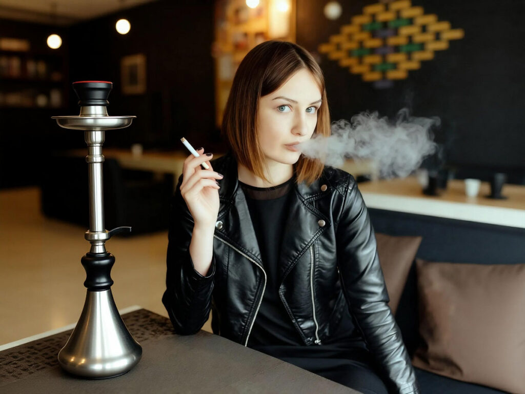 Woman smoking a cigarette near a shisha pipe at a shisha store Tulsa, showcasing a cozy smoking lounge atmosphere.