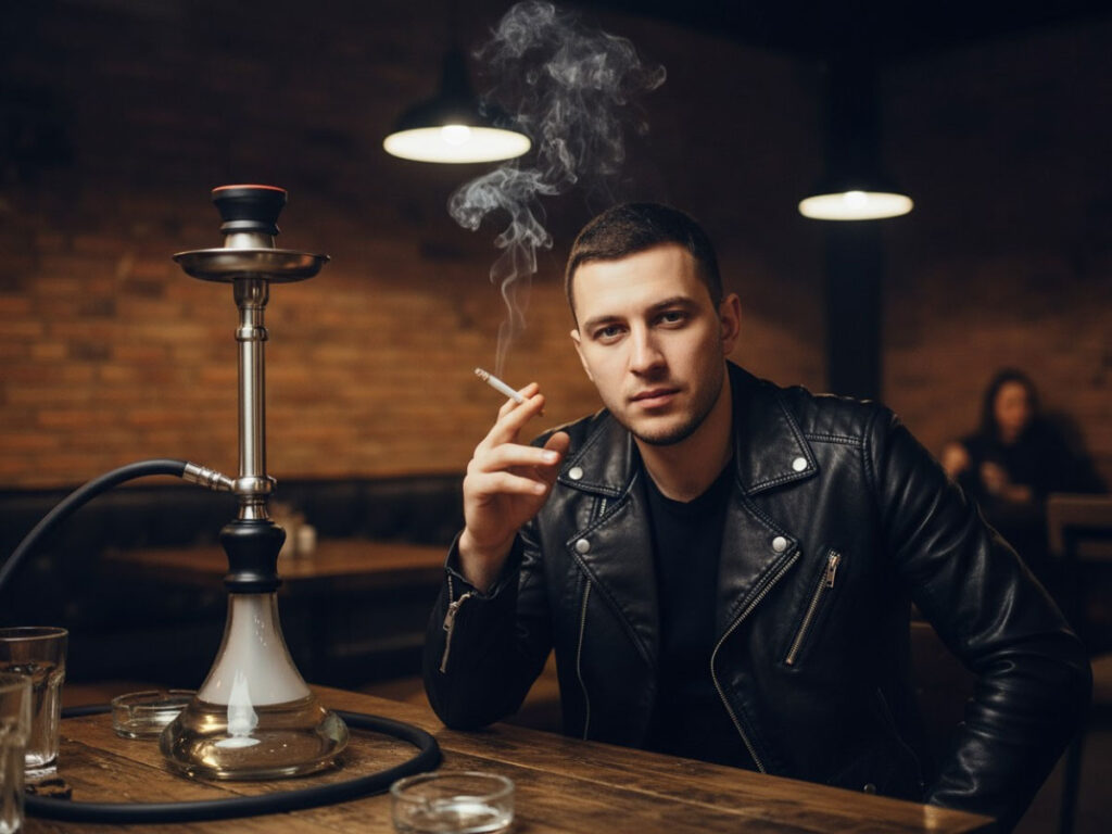 Man smoking a cigarette next to a hookah in a dimly lit lounge at a shisha store Tulsa, evoking a chill atmosphere.