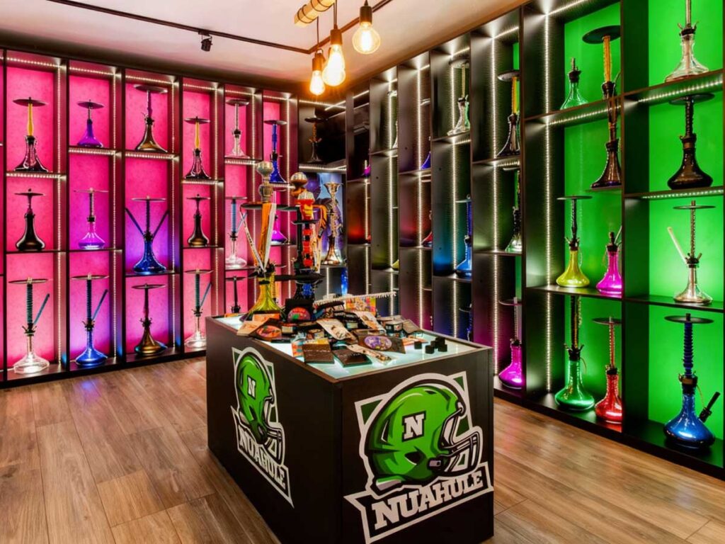 Colorful hookah display and accessories at a vibrant smoke shop Tulsa, offering a wide range of smoking products.