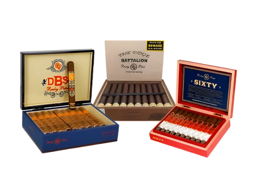 Open boxes of DBS, Battalion, and Sixty cigars, available at a Cigar Shop Tulsa for premium smoking.