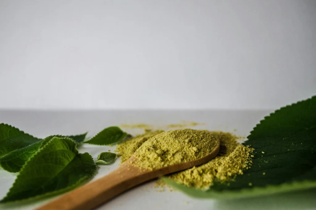 Herbal green powder on a wooden spoon and fresh leaves; explore specialty smoking accessories at a Tobacco Shop Tulsa.