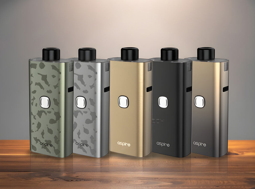 Five Aspire Cloudflask S kits in various colors on a wood table, premium vape hardware from a local smoke shop Tulsa.