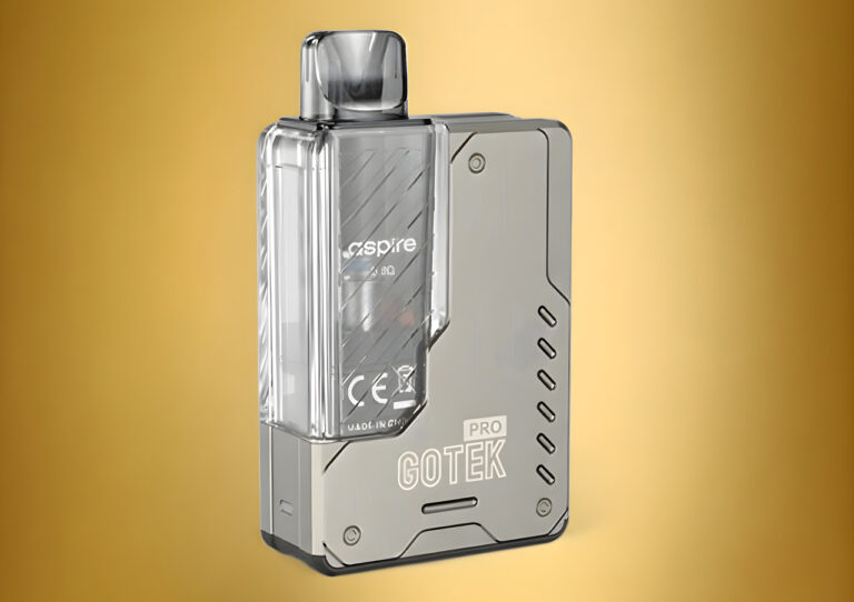 Metallic Aspire Gotek Pro pod vape with clear tank, a top-rated device sold at your favorite smoke shop Tulsa location.