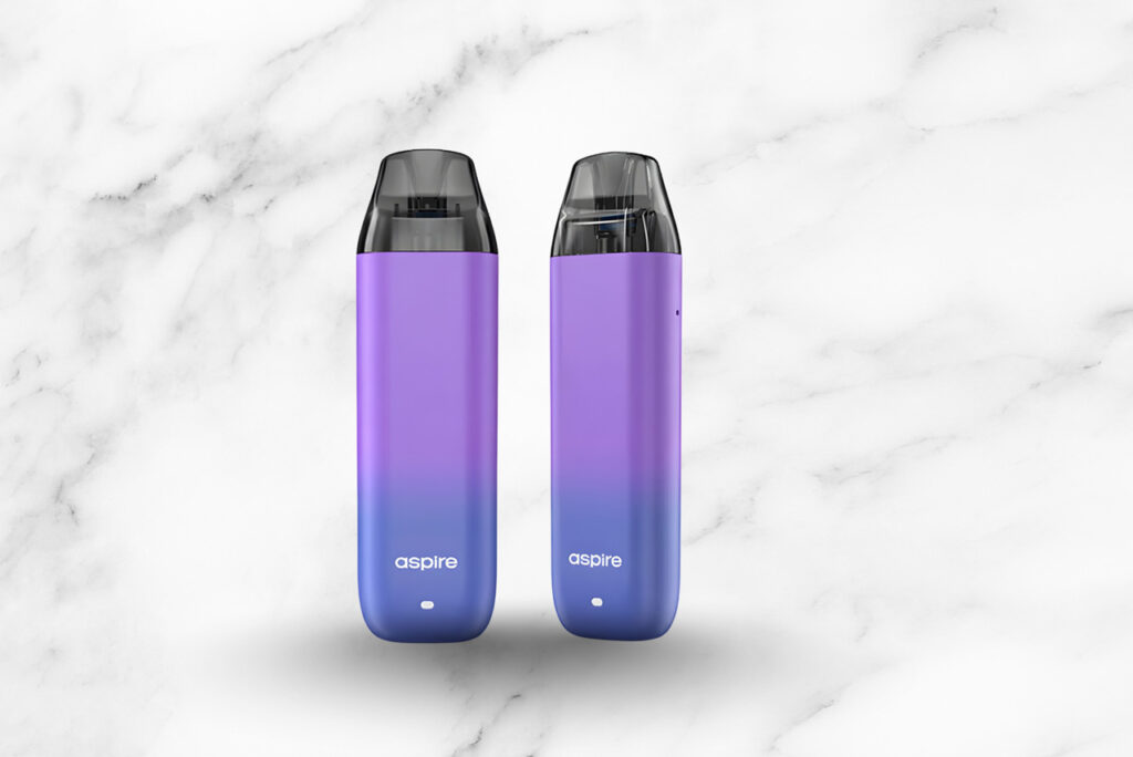 Purple Aspire Minican pod system kit on a marble background, available at the best smoke shop Tulsa for local vapers.