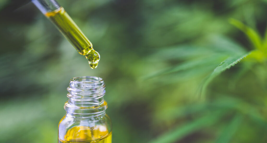 cbd shop tulsa oil dropper dispensing golden tincture from hemp plant into glass bottle. High-quality CBD product.
