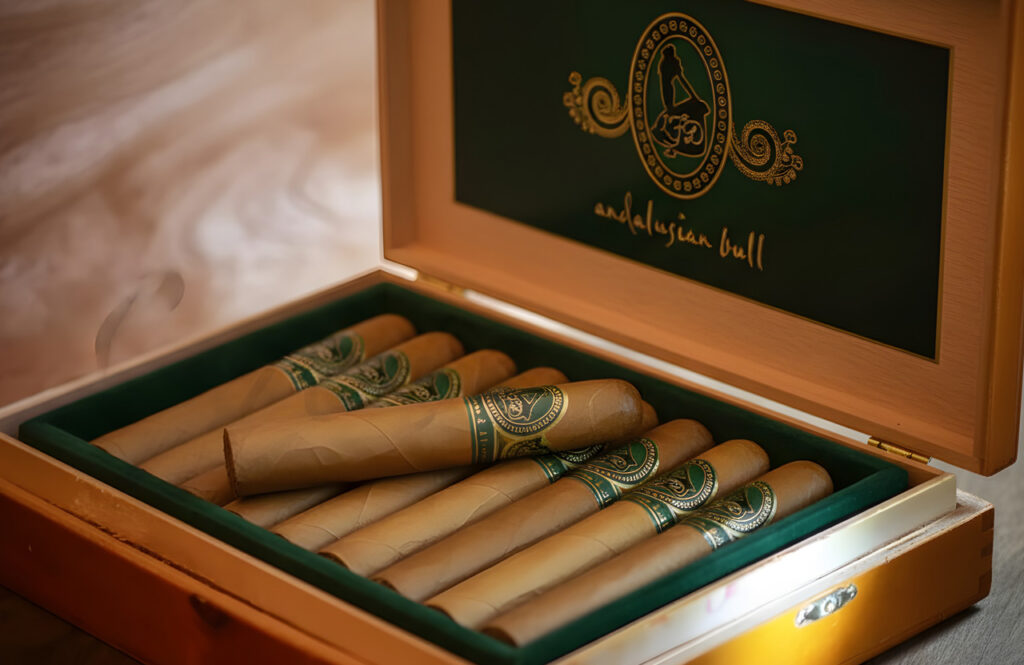 Detailed view of La Flor Dominicana Andalusian Bull cigars inside a wooden box at an expert cigar store Tulsa.