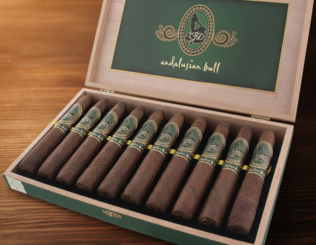 A box of premium La Flor Dominicana Andalusian Bull cigars in stock at a leading cigar store Tulsa destination.