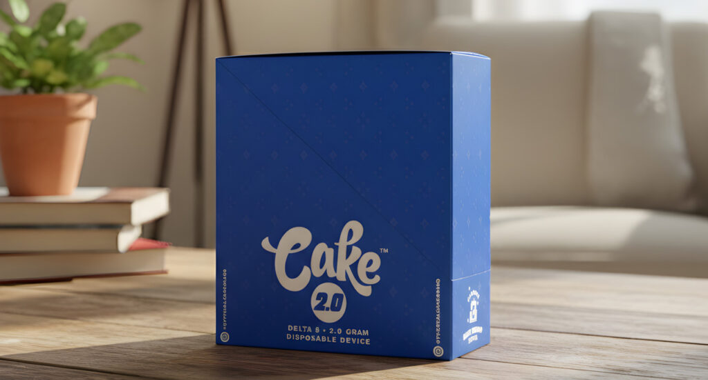 Blue Cake 2.0 Delta 8 disposable device packaging available at our delta 8 shop Tulsa for high-quality hemp extract.