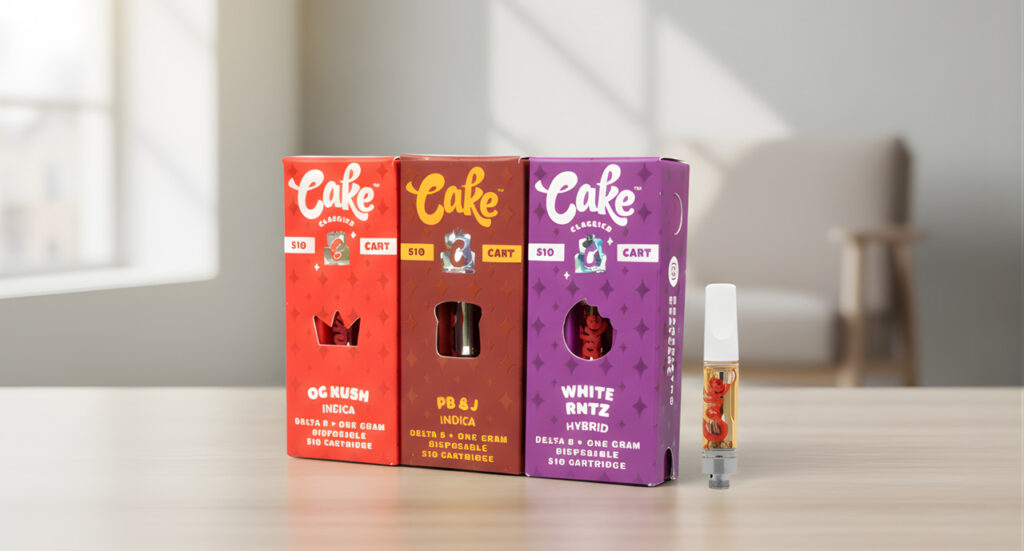 OG Kush and White Rntz cartridges from a delta 8 shop Tulsa featuring Cake brand 1 gram vape pens and concentrates.