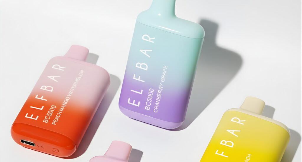 Gradient Elf Bar BC5000 disposable vapes Tulsa in Cranberry Grape and Peach Mango Watermelon fruit flavors.
