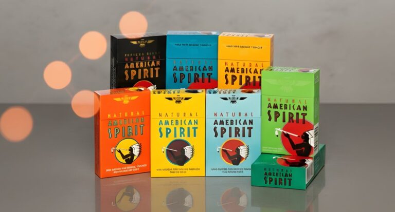 Variety of colorful American Spirit packs at a cigarette shop Tulsa, showcasing premium tobacco selections.