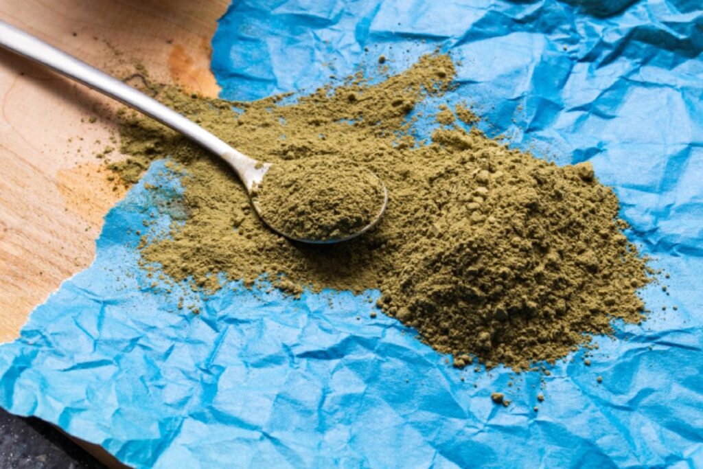 A bulk pile of natural green powder and a silver spoon at a kratom shop Tulsa, displayed on blue textured paper.
