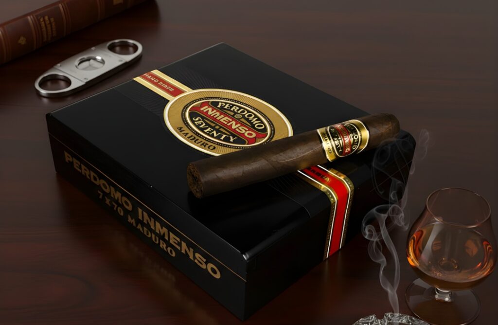 A box of Perdomo Inmenso Seventy Maduro cigars and a cutter from a premier cigar shop Tulsa luxury collection.