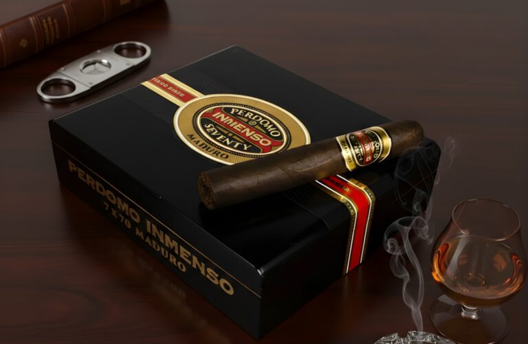 A box of Perdomo Inmenso Seventy Maduro cigars and a cutter from a premier cigar shop Tulsa luxury collection.