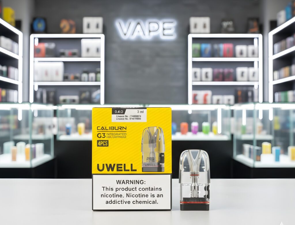 Uwell Caliburn G3 0.4ohm integrated coil nicotine pods Tulsa. 3ml refillable cartridges in 4-pack retail packaging.