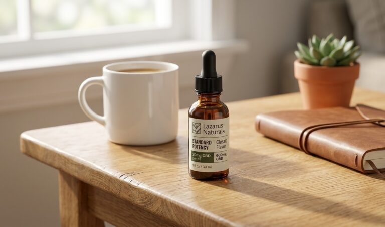 A 30ml bottle of Lazarus Naturals Standard Potency 20mg/ml tincture on a wooden table, perfect for beginners in Tulsa.