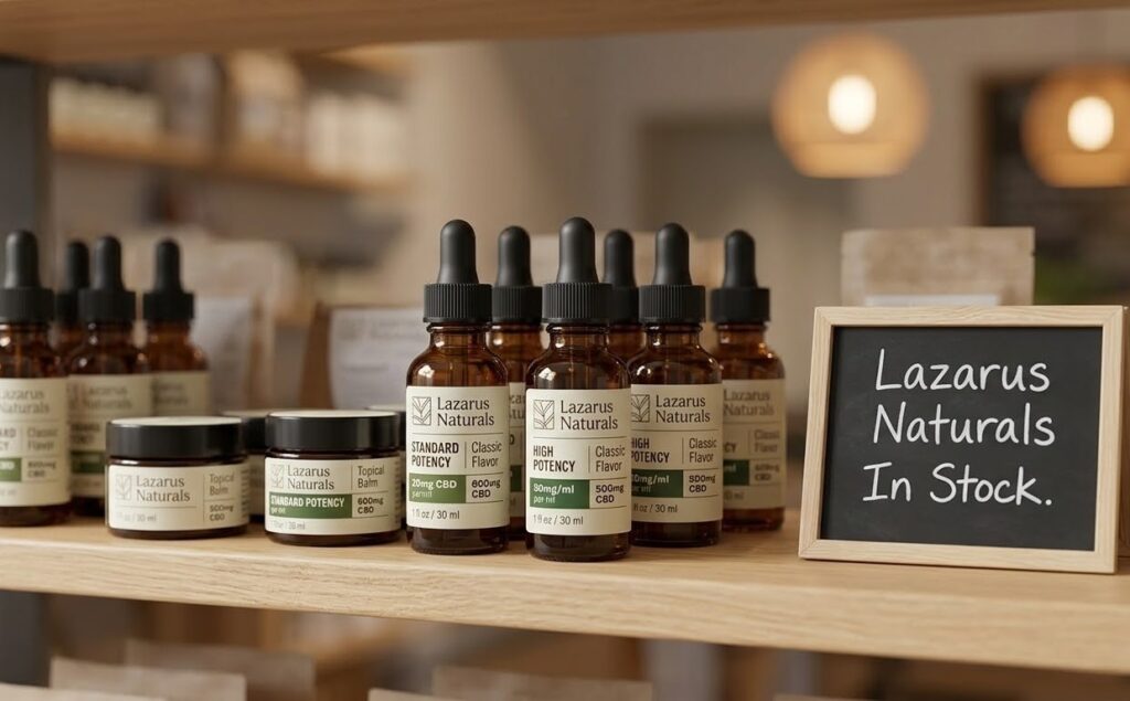 Lazarus Naturals CBD oil tinctures displayed on a clean wooden shelf inside our inviting wellness-focused CBD shop Tulsa.