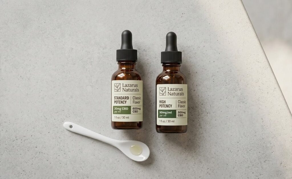 Side-by-side Lazarus Naturals Standard Potency (20mg/ml) and High Potency (50mg/ml) CBD tincture comparison, available at our Tulsa shop.