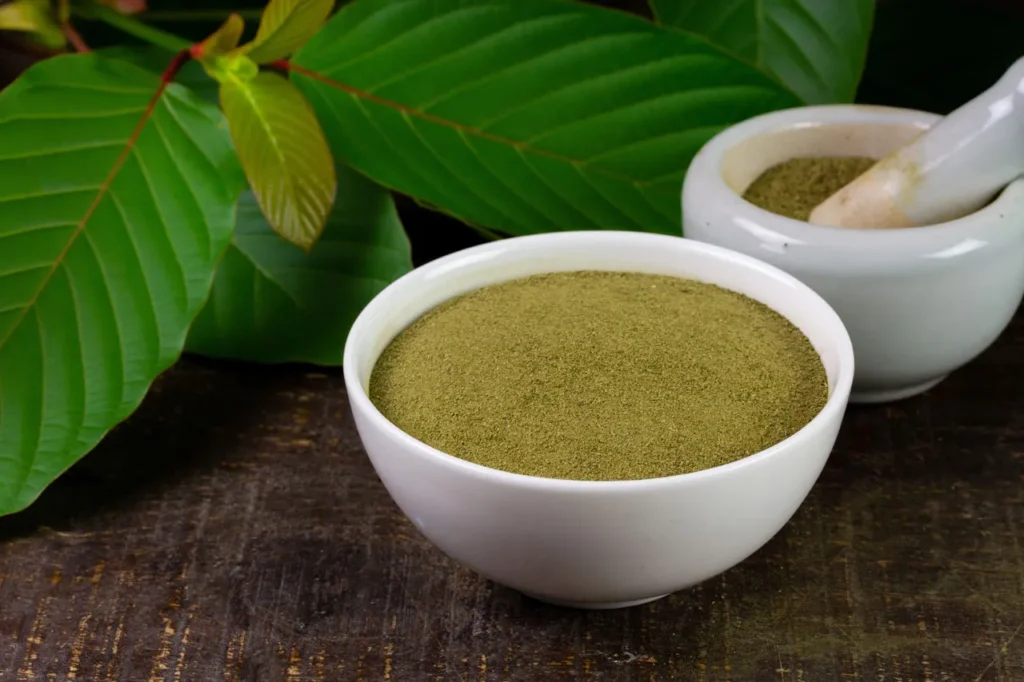 Fresh leaves and finely ground green powder from a top kratom retail Tulsa shop displayed in a ceramic bowl.