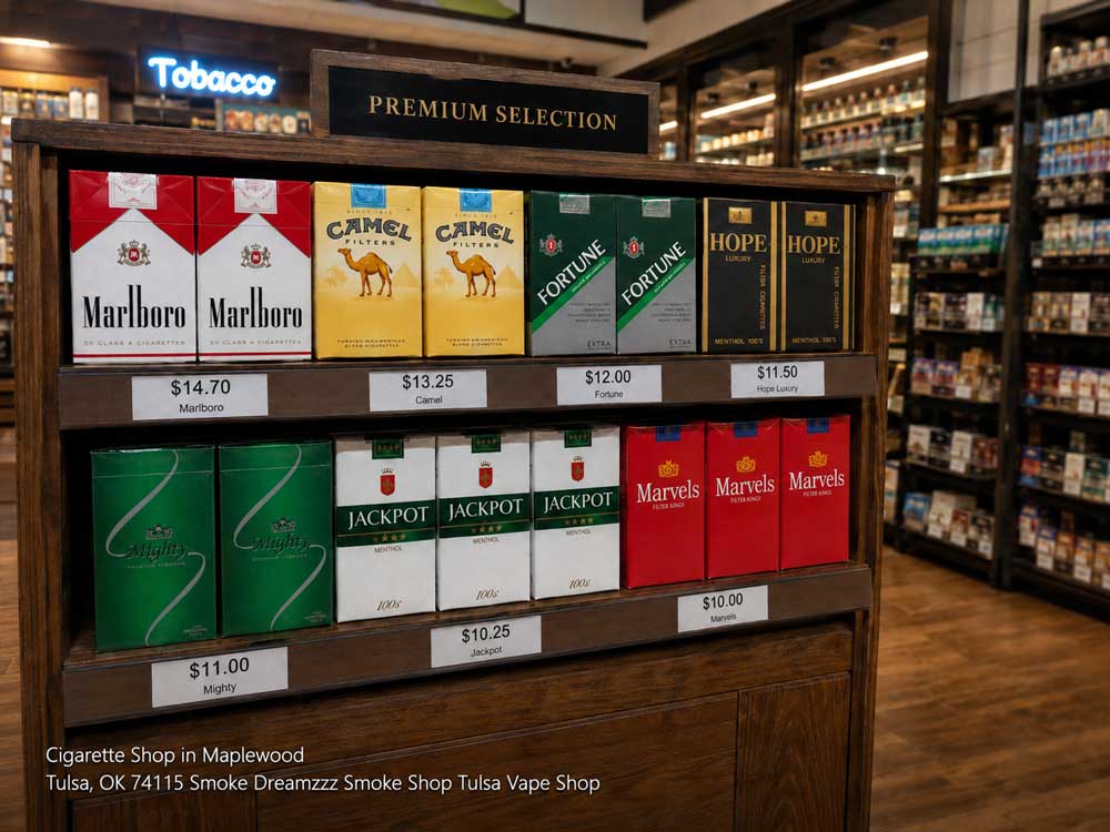 Premium cigarette brands displayed on a wooden shelf with price tags at a local cigarette shop Tulsa location.
