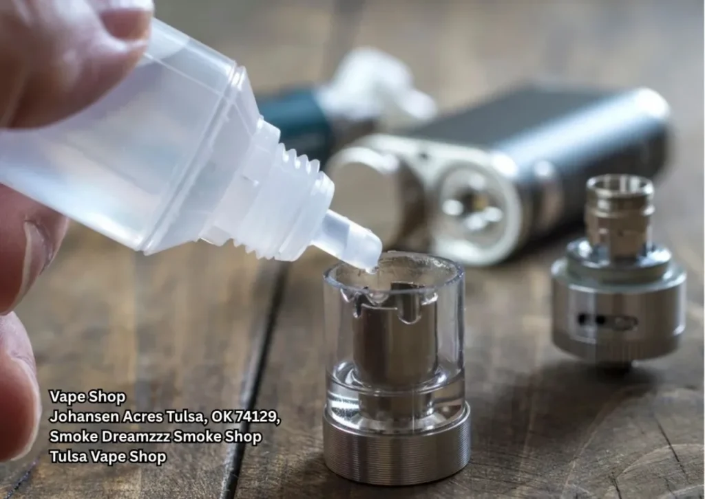 Close-up of e-liquid being added to a vape tank, helpful leak prevention tip from a trusted vape shop tulsa store
