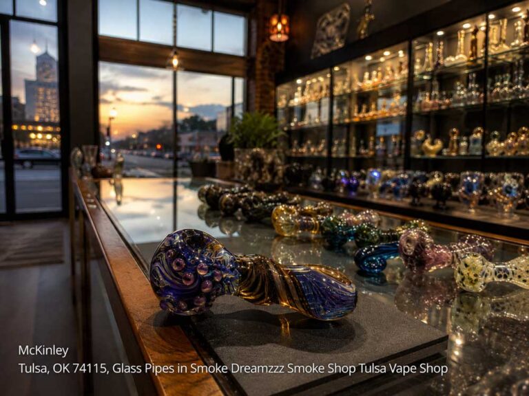 A beautiful swirl-designed glass pipe in a glass case. Find premium glass pipes Tulsa at Smoke Dreamzzz.