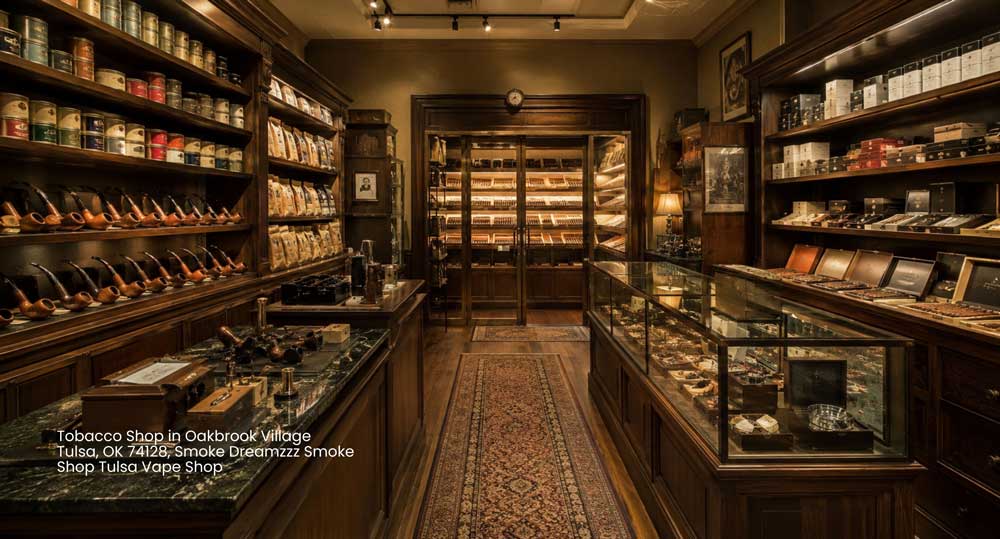 Classic tobacco shop Tulsa showcasing premium wooden humidor display cases, tobacco pipes, and fine cigars.