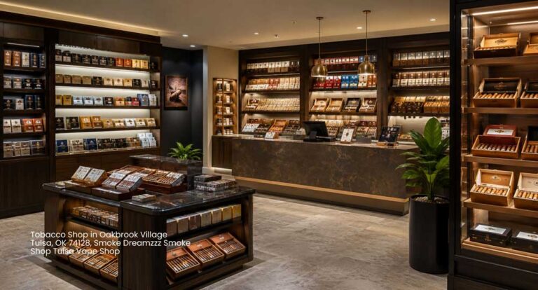 Spacious upscale tobacco shop Tulsa displaying premium cigars in lit wooden cases, vape items, and tobacco blends.