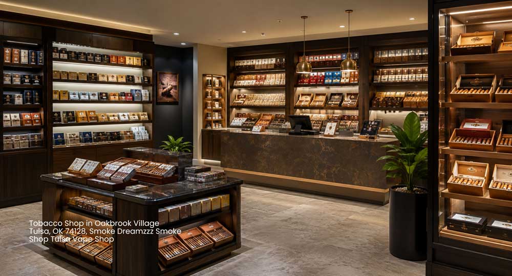 Spacious upscale tobacco shop Tulsa displaying premium cigars in lit wooden cases, vape items, and tobacco blends.