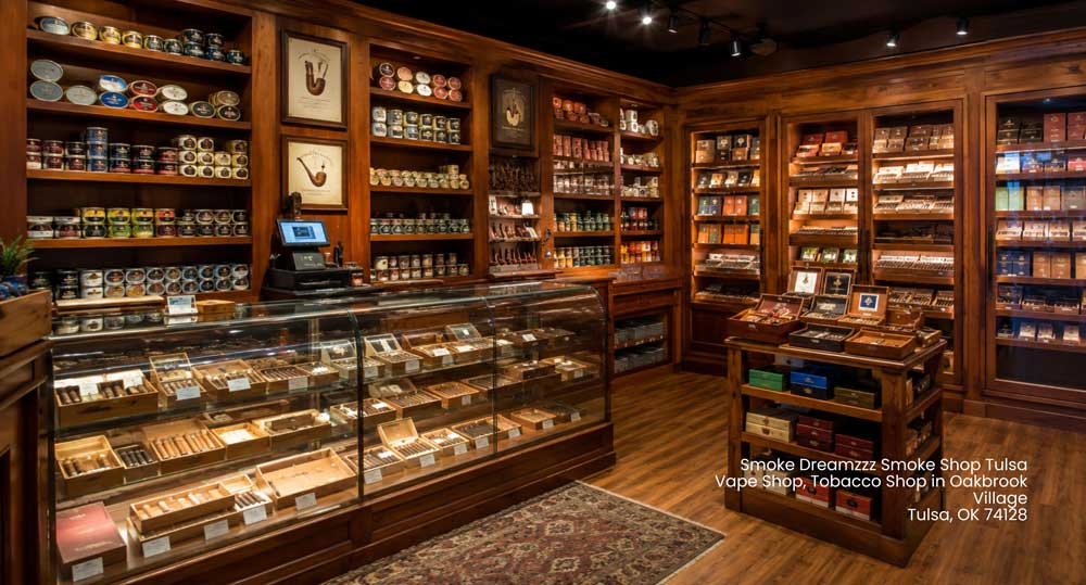 Interior view of Smoke Dreamzzz tobacco shop Tulsa featuring glass cigar counter, pipe tins, and wall displays.