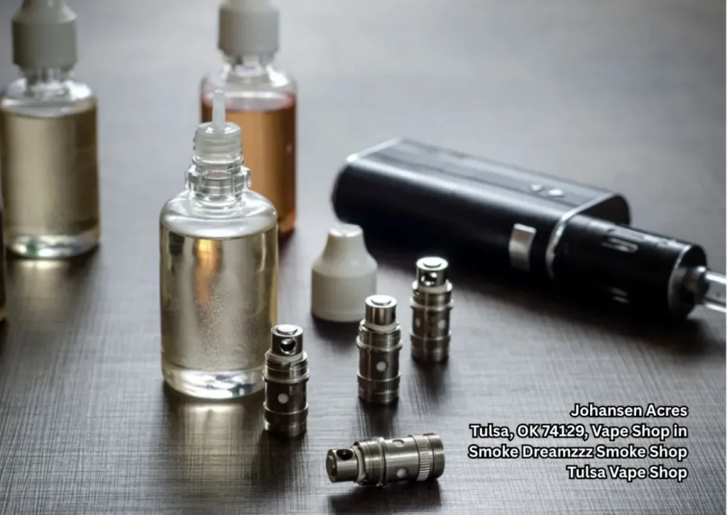 Vape device, coils, and e-liquid bottles on a table, product care essentials for local customers at vape shop tulsa