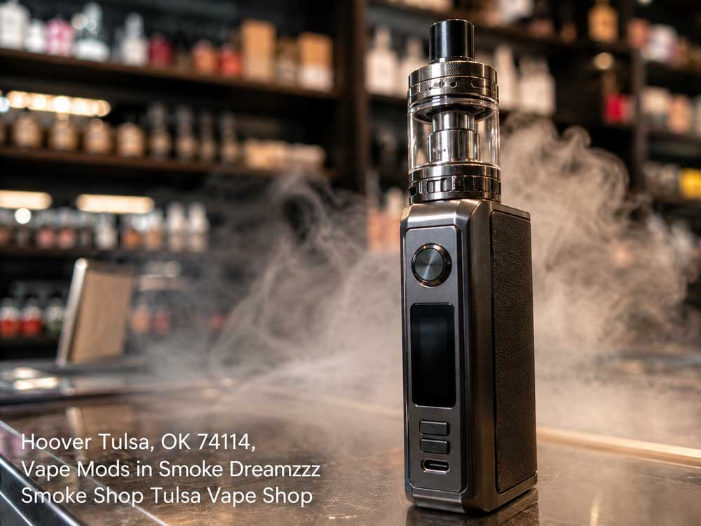 Modern vape mods Tulsa area showcase featuring a sleek metallic device on a glass counter surrounded by vapor cloud.