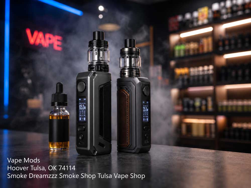Premium vape mods Tulsa shop selection displayed on a counter next to an e-liquid bottle with background smoke.