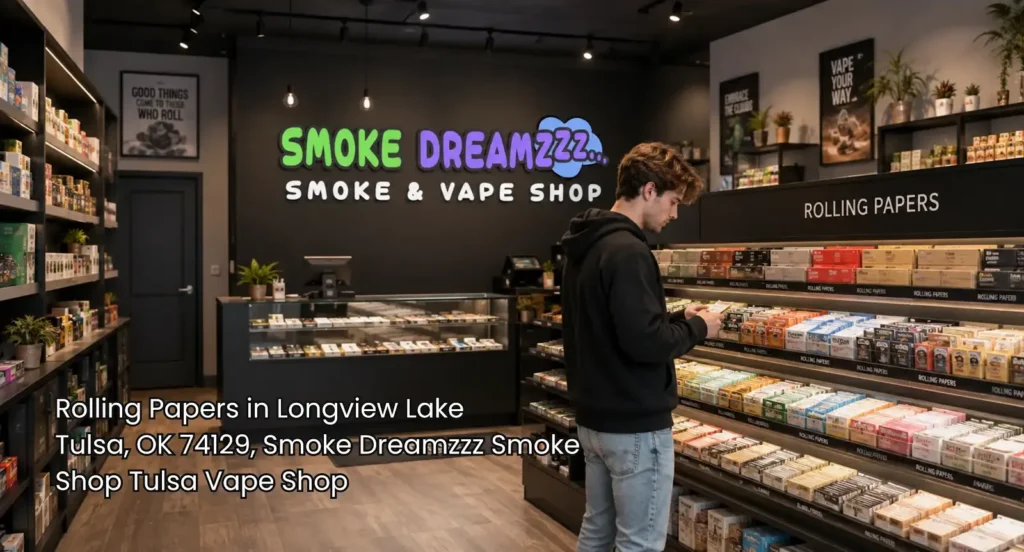Customer browsing a clean smoke shop display with rolling papers Tulsa shoppers can compare in a modern retail setting.