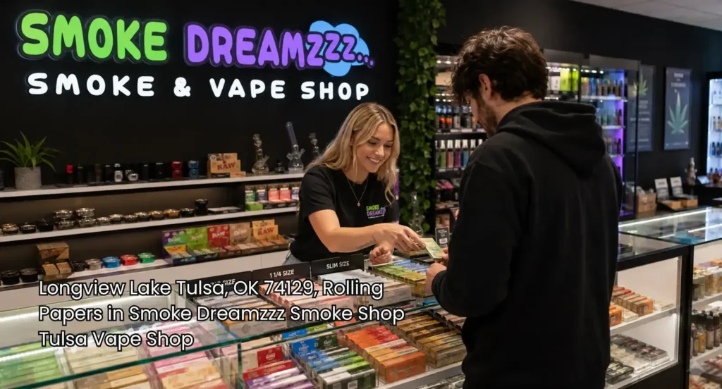 Smoke shop employee helping a customer choose rolling papers Tulsa buyers can find in a bright, organized store. 