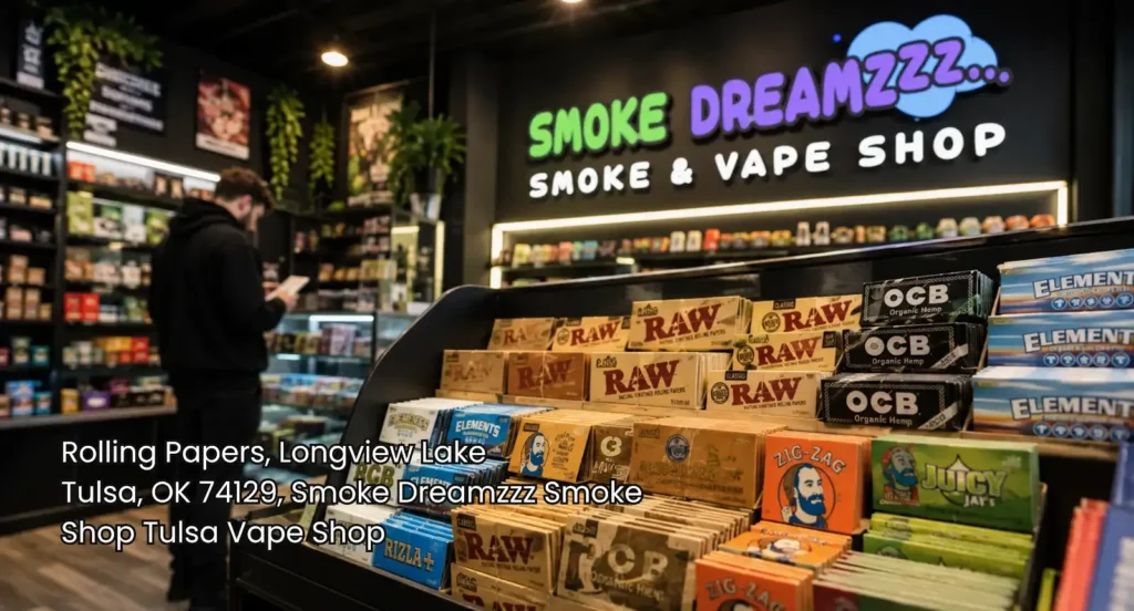 Close-up rolling paper display inside a modern smoke shop, highlighting rolling papers Tulsa customers can browse. 