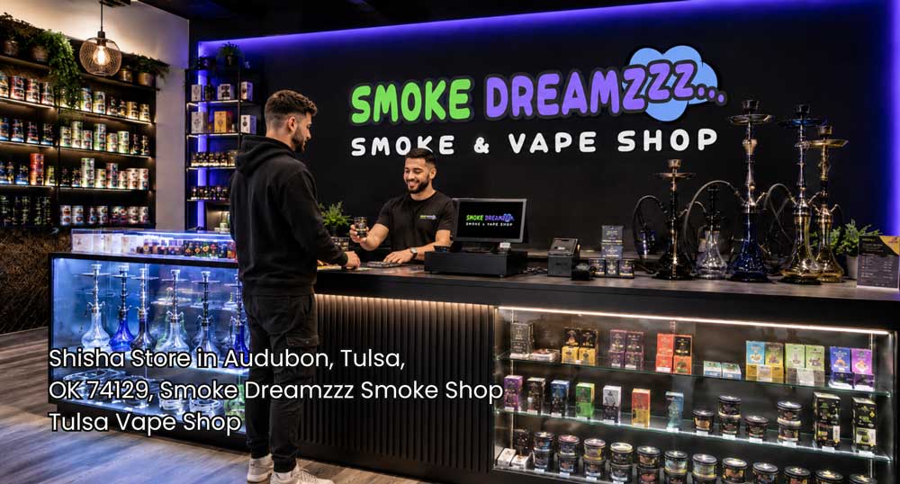 Customer shops at a modern shisha store Tulsa location with premium hookahs, accessories, displays, and friendly service.