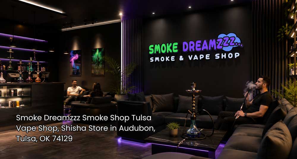 Stylish shisha store Tulsa lounge with premium hookahs, comfortable seating, neon accents, and a relaxed social atmosphere.