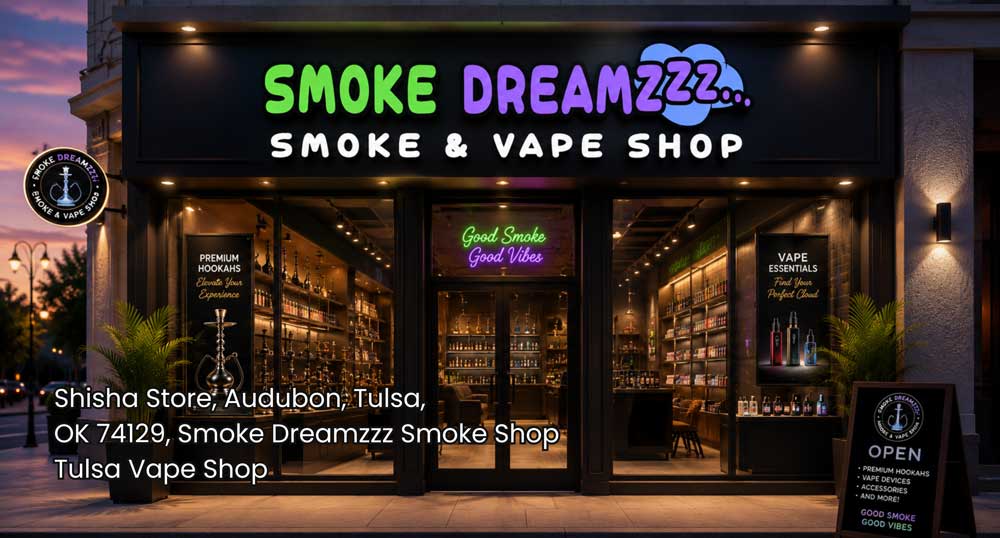 Modern shisha store Tulsa storefront at dusk with bright signage, glass displays, hookah products, and an inviting entrance.