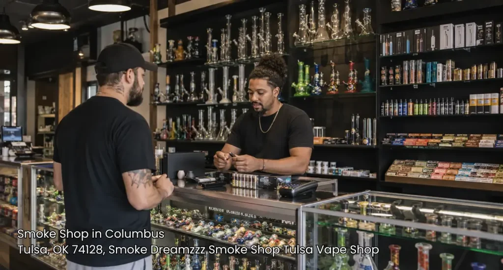 Store associate showing products to a customer at the front counter of a local smoke shop tulsa. 