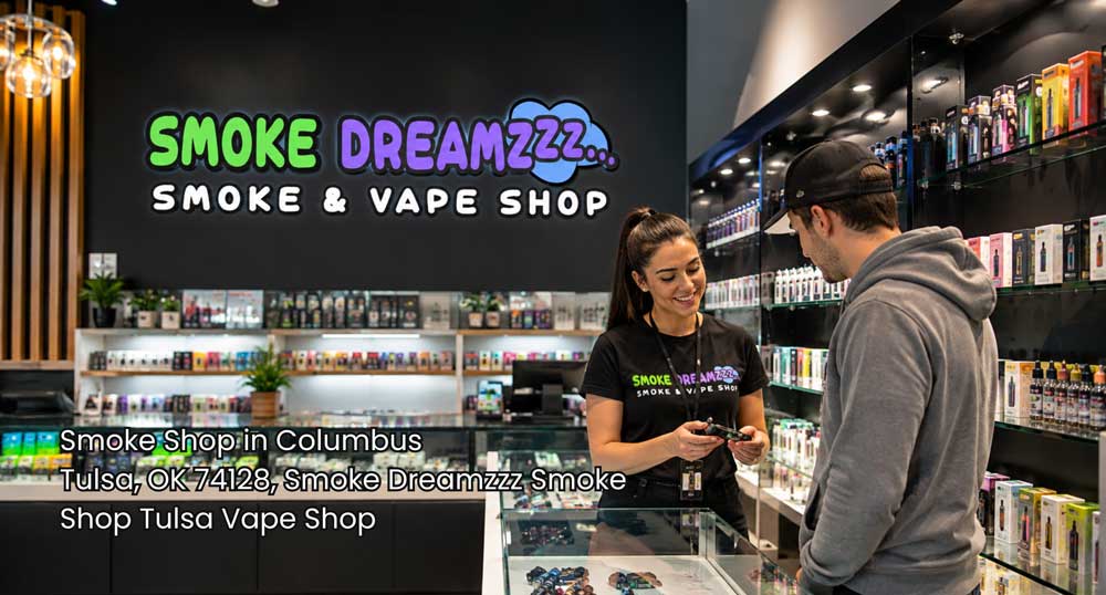 Smoke shop Tulsa employee assisting a customer with vape products beside a glass display counter in a clean retail store.